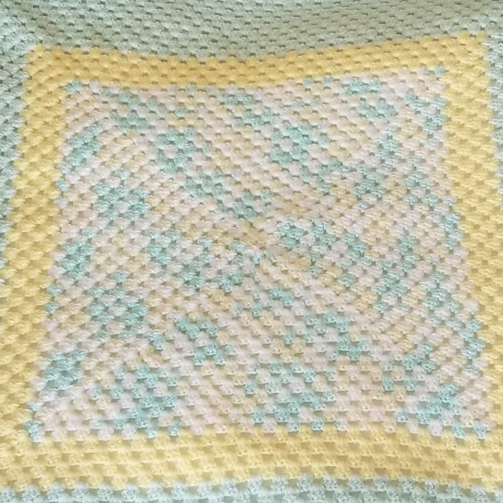 Hand Crochet Granny Square Baby Afghan Pastel Yellow and Teal Stroller Blanket